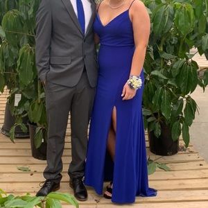 royal blue jump plunge v-neck jersey gown